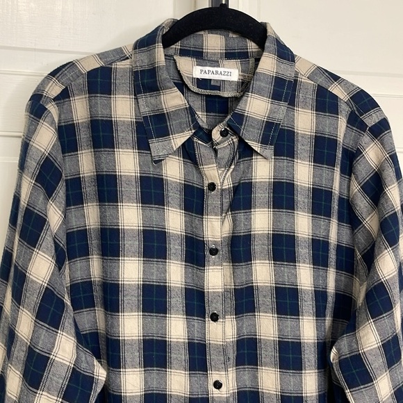 Paparazzi Blue Plaid Flannel Velvet Embroidered Button Down Shirt Size 2X Navy - Picture 2 of 11